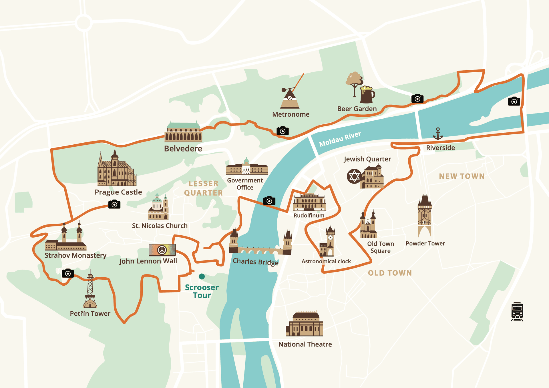 Map of the Grand City tour through Prague – Charles Bridge, Old Town Square, Prague Castle, Petřín