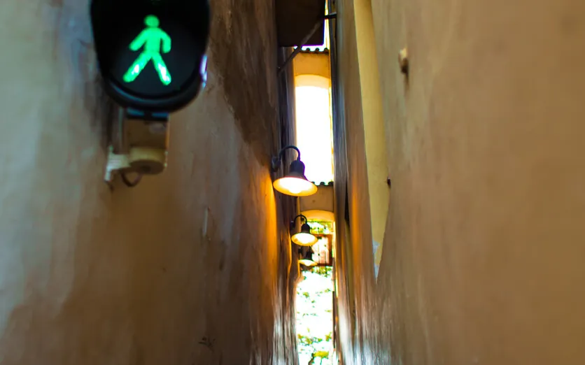 Prague's narrowest street with its pedestrian traffic light